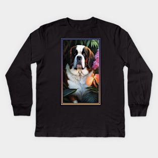 Saint Bernard Dog Vibrant Tropical Flower Tall Digital Oil Painting Portrait Kids Long Sleeve T-Shirt